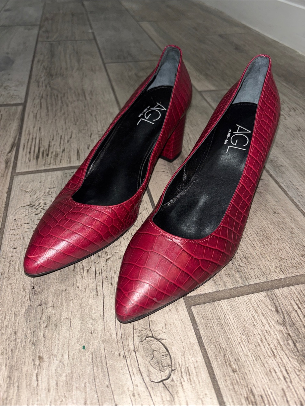AGL Red Croc-Embossed Pointed Block-Heel Pumps